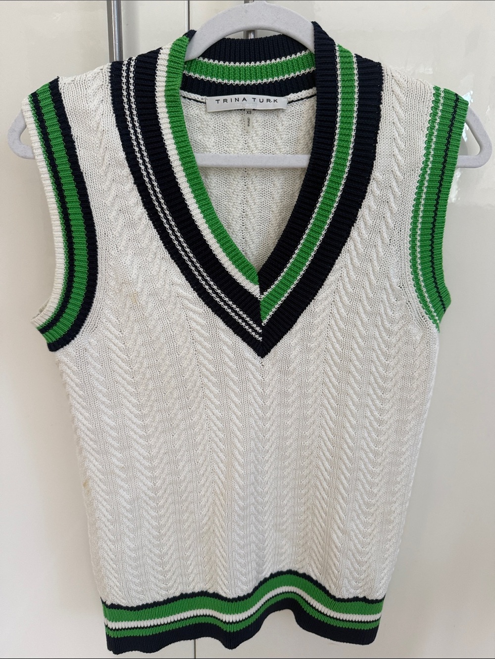 Trina Turk White Cable-Knit Sleeveless Sweater Vest with Green & Black Trim